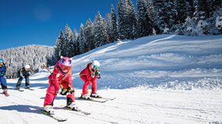 Kinder auf Skipiste, Skifahrer vor Bergpanorama, Kinderskikurs, Salzburger Sportwelt, 